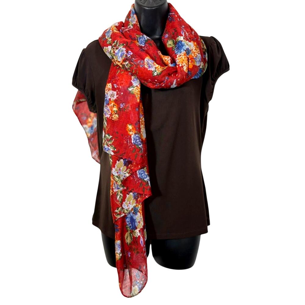 Large Red Scarf Rectangle Floral 67" x 39" Blue White Orange Lightweight Sheer
